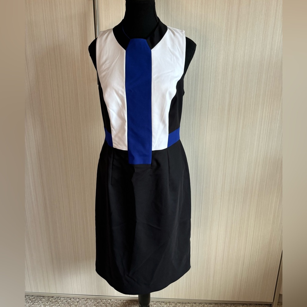 French Connection Size 10 Black White Blue Edyta Sleeveless Stretch Panel Dress